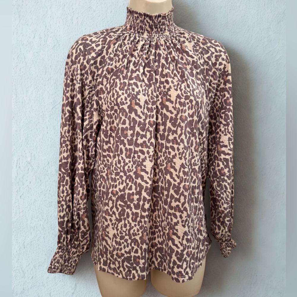 Nation LTD Leopard Print Smocked Mock Neck Blouse – Size Small - Picture 6 of 14